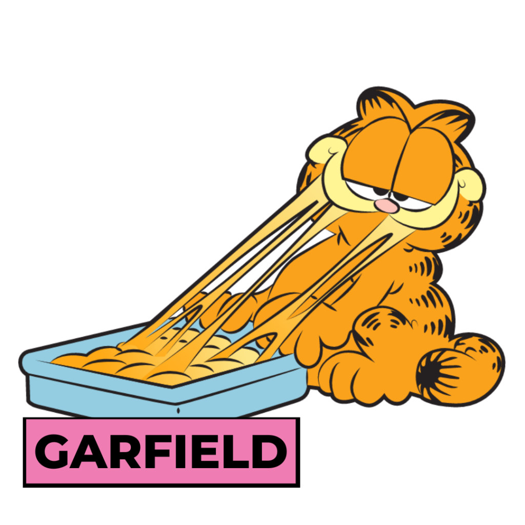 Garfield le héros de la BD éponyme qui mange des lasagnes 